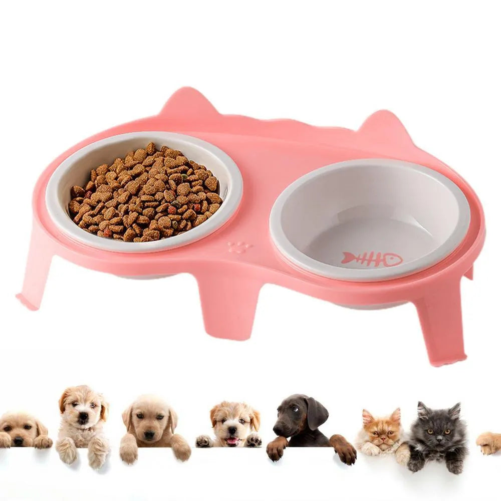 Ceramic cat food and water bowl set on a white tilted ABS stand, shown in blue colour