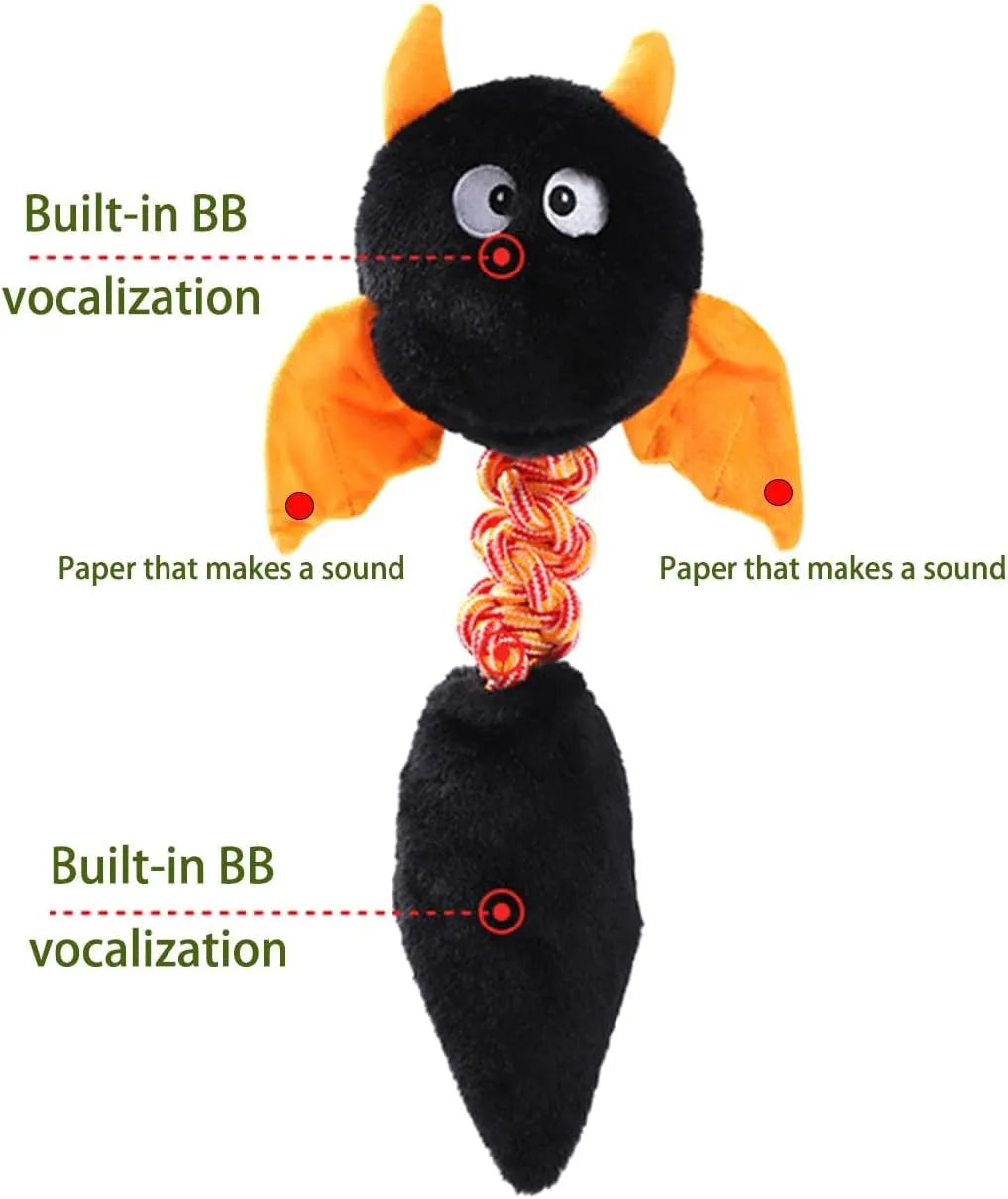 Large black plush dog toy with rope knot, shown next to a red and green version.