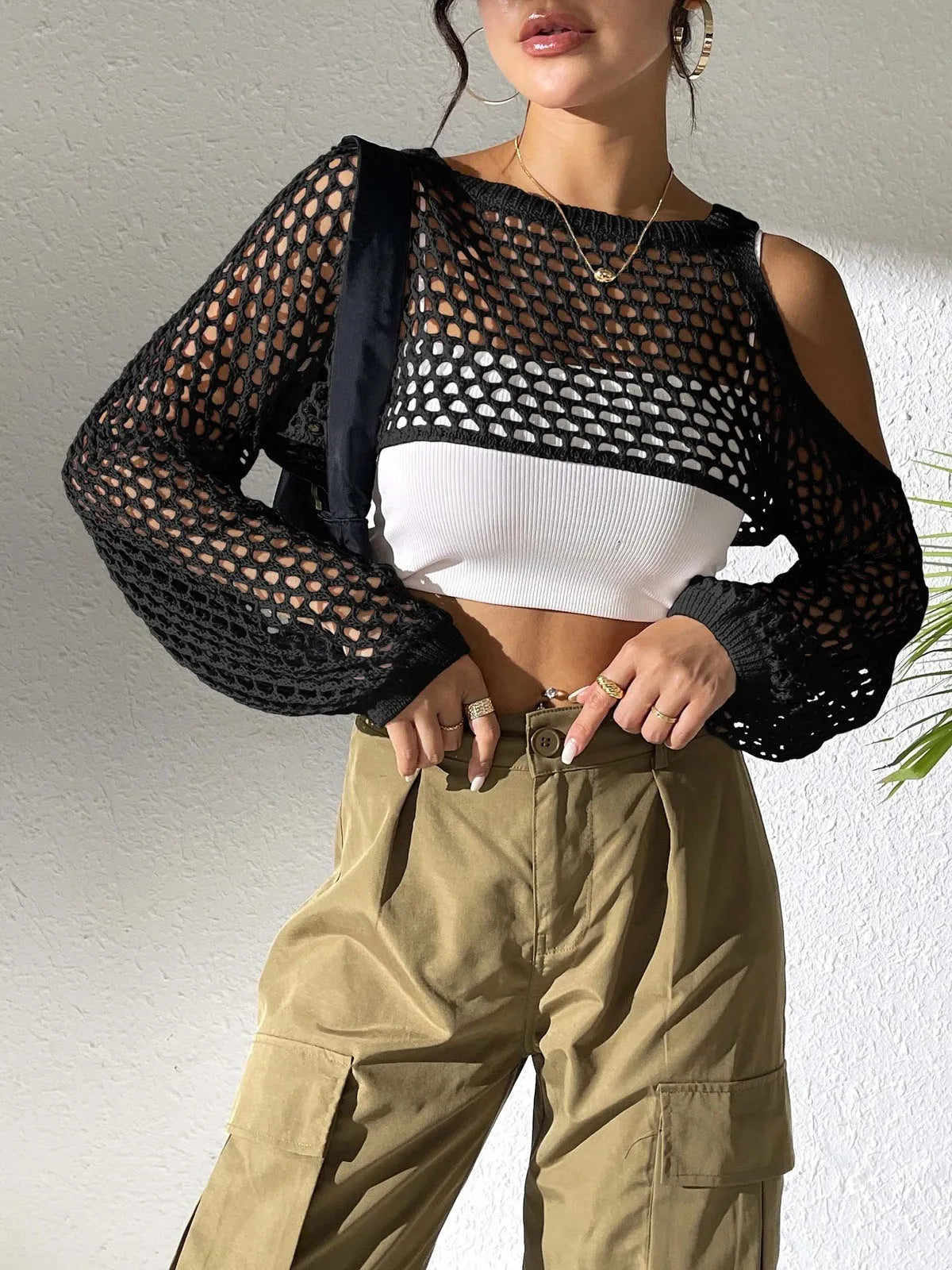 Mesh shirt with hollowed navel design in army green colour