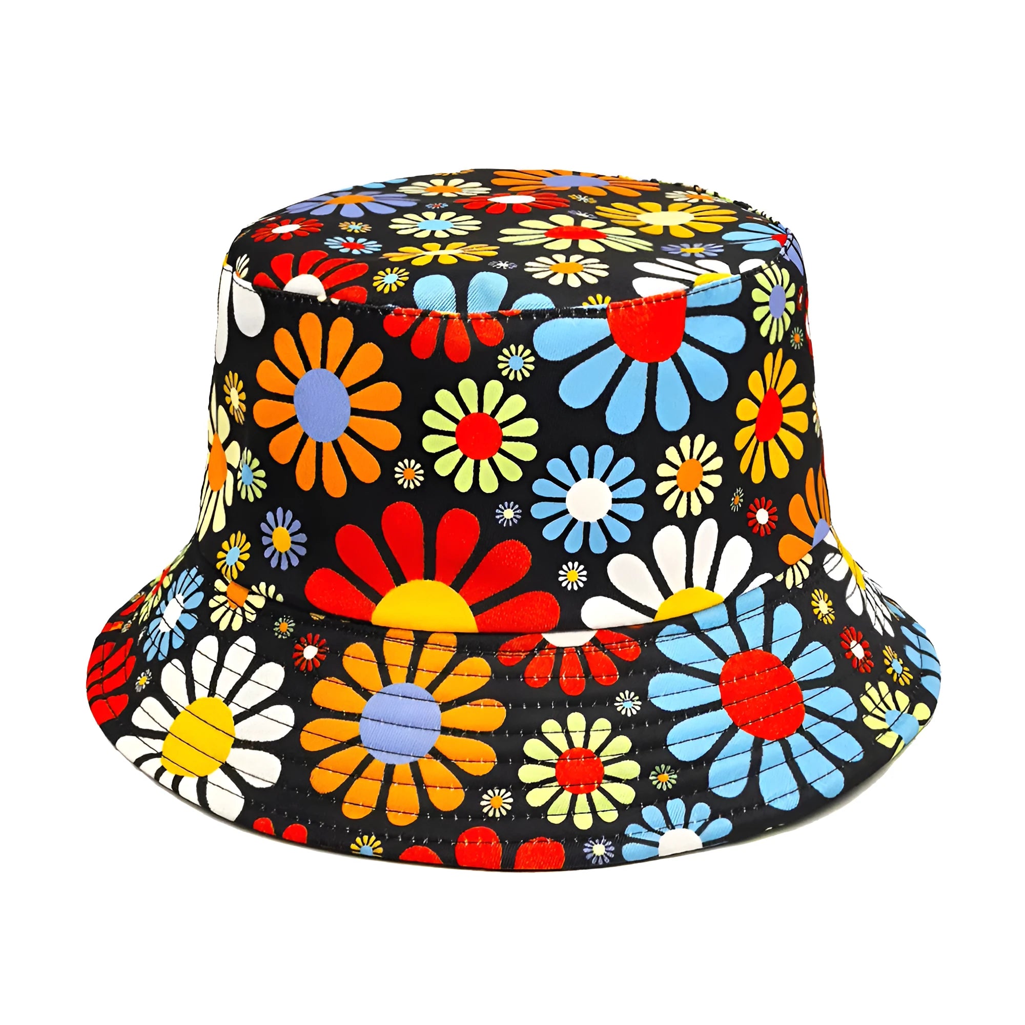 Colourful flowers pattern bucket hat with dome crown in size M for sun protection