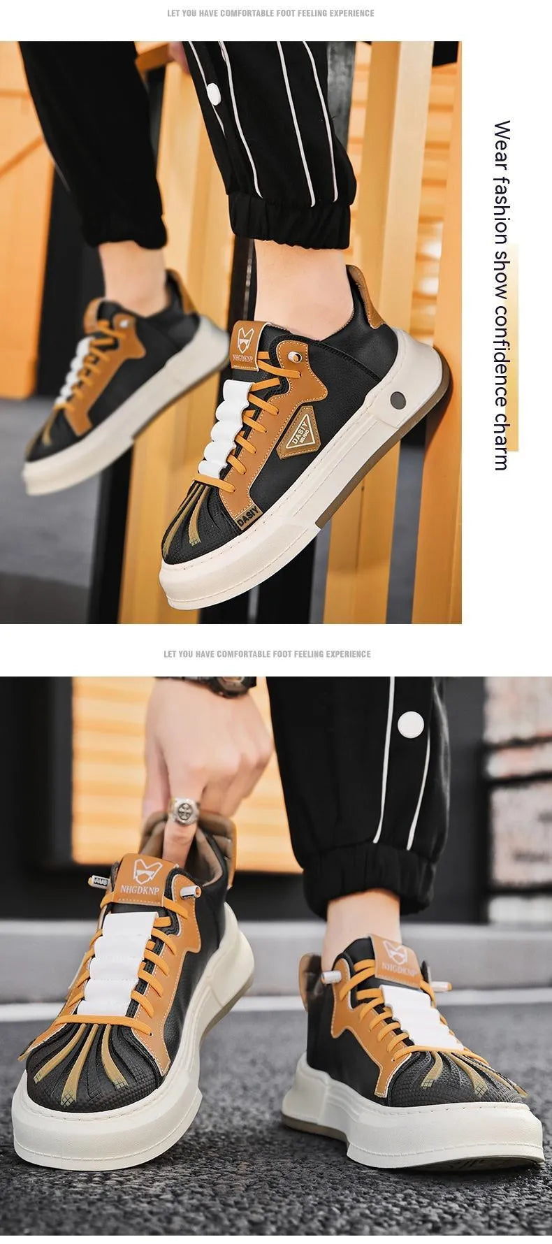 Men's beige low-top sneakers with elastic band and leather stitching details