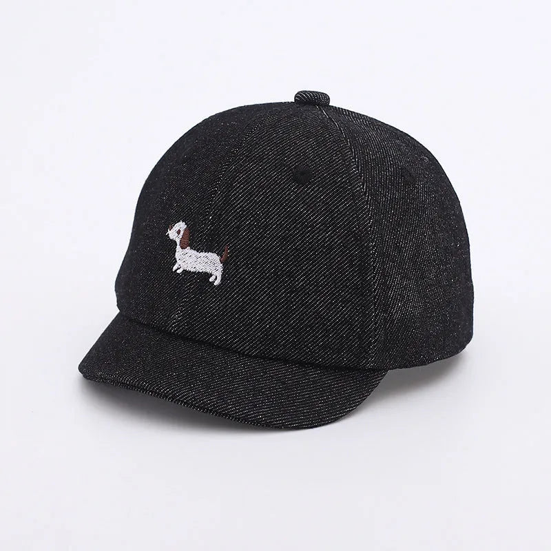 Babies denim baseball cap with puppy print in light blue, dome crown, 48cm size