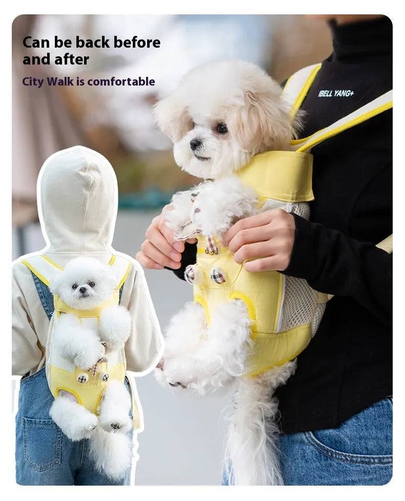 Soft canvas cat carrier bag with a yellow bear cartoon pattern and colourful stitching, shown in multiple size options.