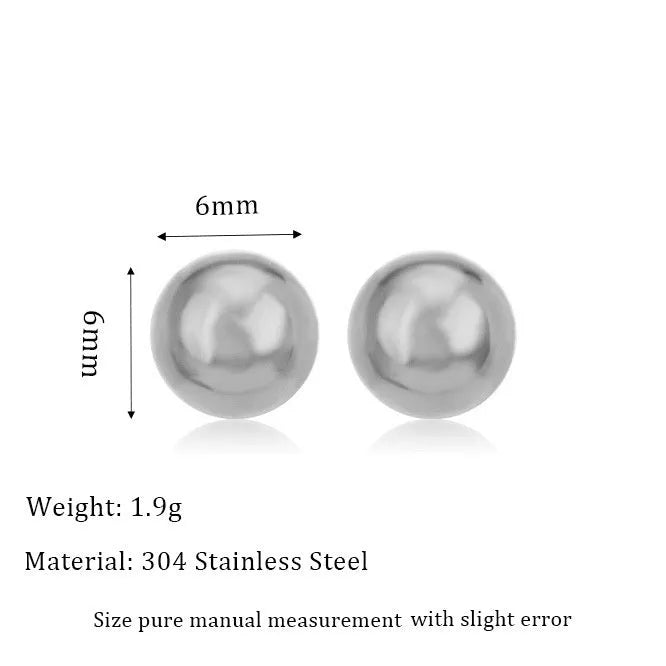 Stainless steel ball stud earrings in gold and silver finishes, showing 3mm to 6mm size comparison