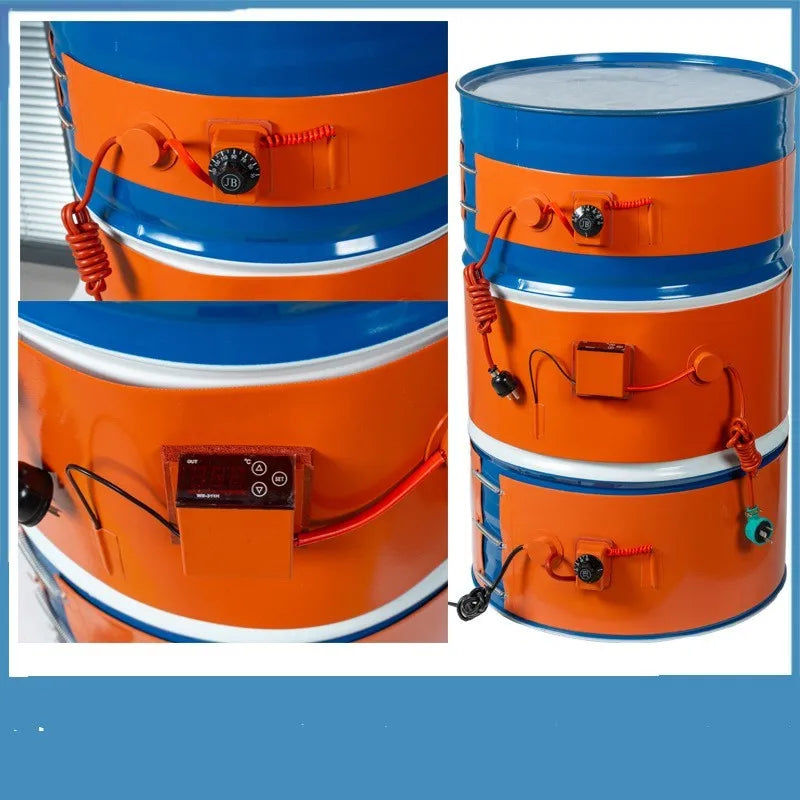 Silicone rubber heating belt wrapped around 200-litre oil drum for industrial heating applications