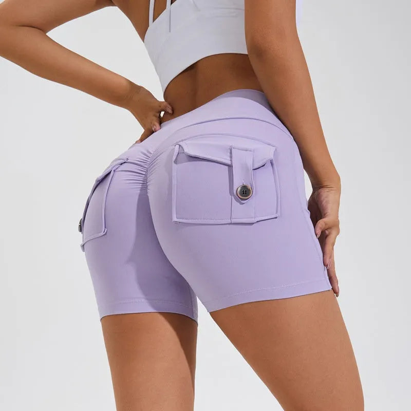 Women's high-waisted hip lifting shorts with pockets in quick-dry nylon fabric