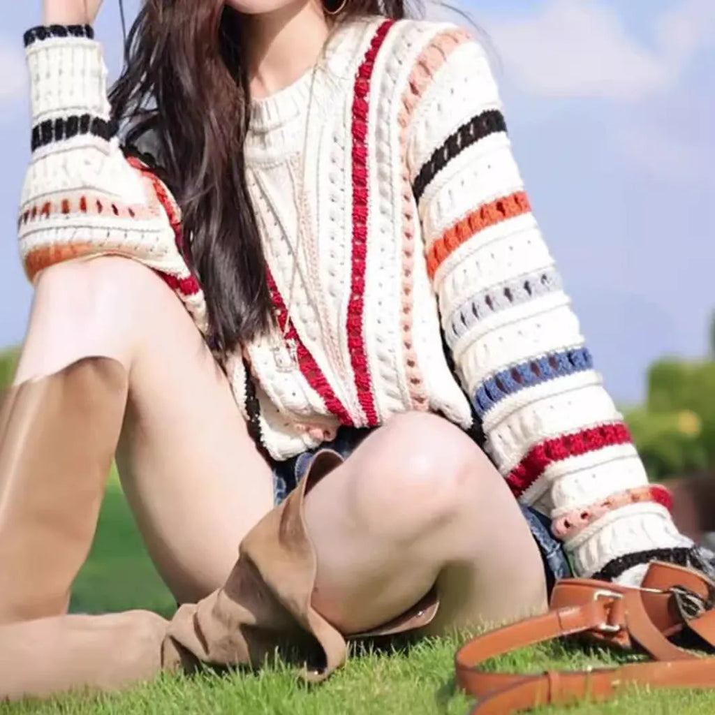 Retro rainbow striped hollow sweater with batwing sleeves and round neck in loose casual style