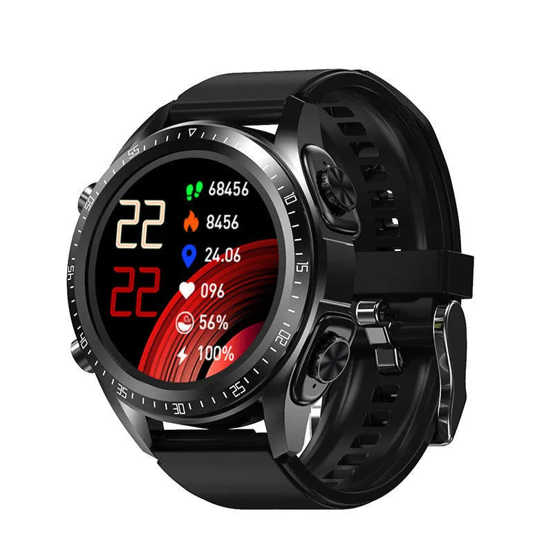 Black smart watch with a 1.28-inch screen displaying health stats on a silicone strap.