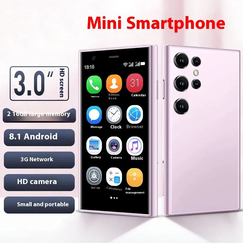 Mini Android smartphone with 30cm screen in black, green or pink purple colours showing compact design