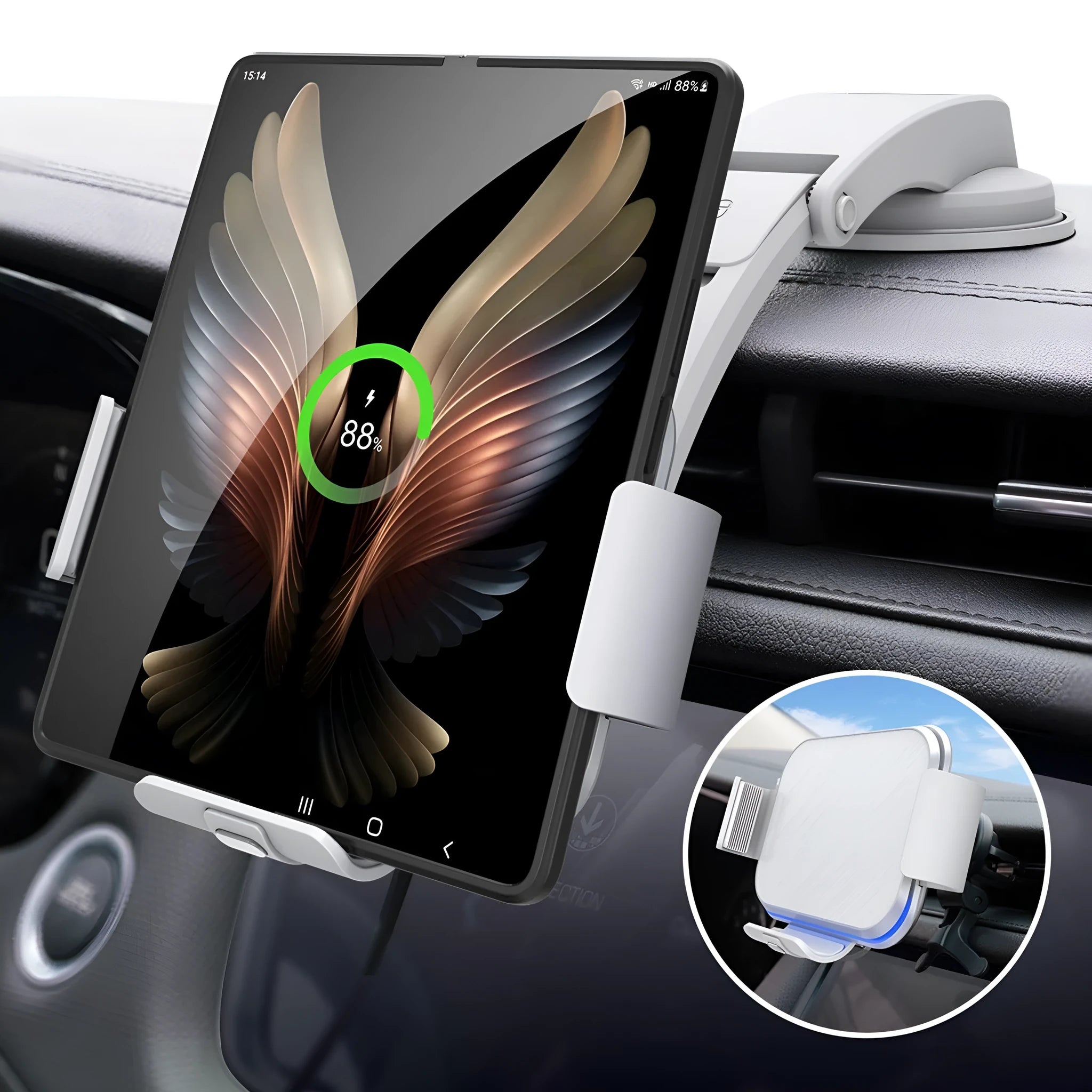 Grey wireless car phone holder with folding screen showing air conditioner clip and suction cup mounting options