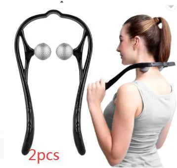 Blue plastic neck massager with hand roller and bracket for pressure point therapy on neck and shoulders