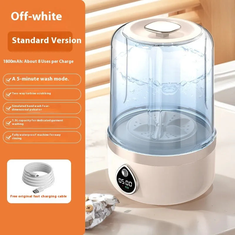 White portable USB charging mini washing machine with compact plastic housing on a countertop.