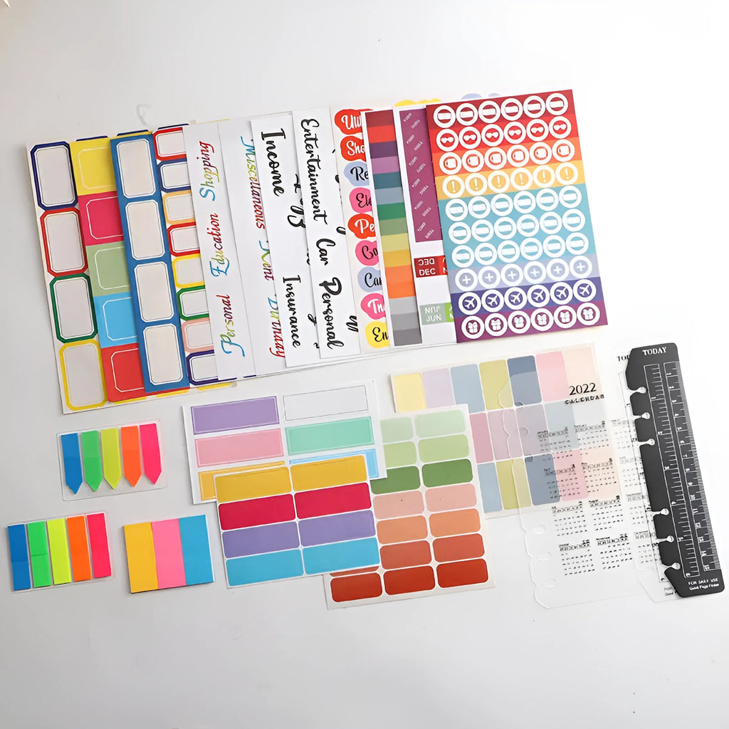 Handwritten labels and adhesive stickers with grid patterns on paper material
