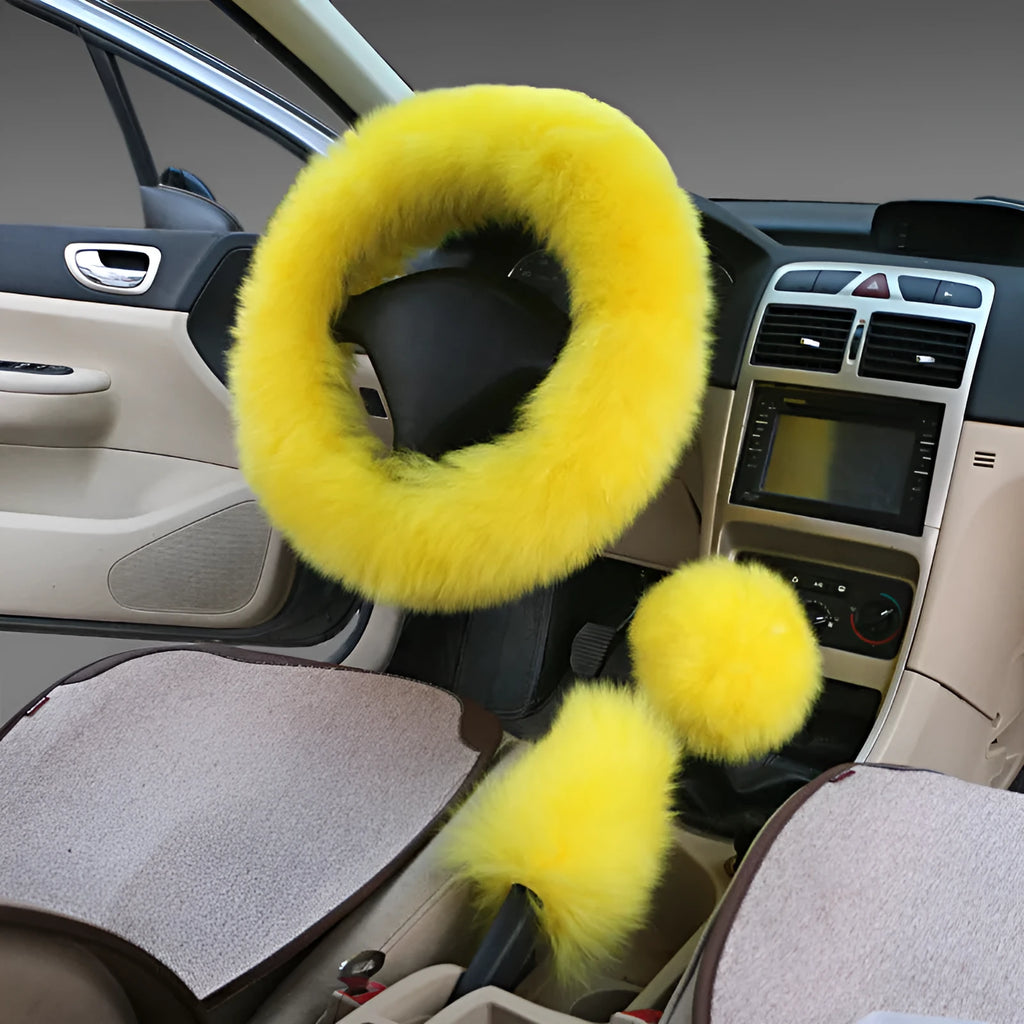 Wool steering wheel cover and handle covers three-piece set in multiple colour options for 38cm diameter wheels