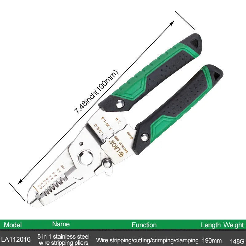 Stainless steel multifunctional wire stripper tool with seven different sized ports and two-colour handle