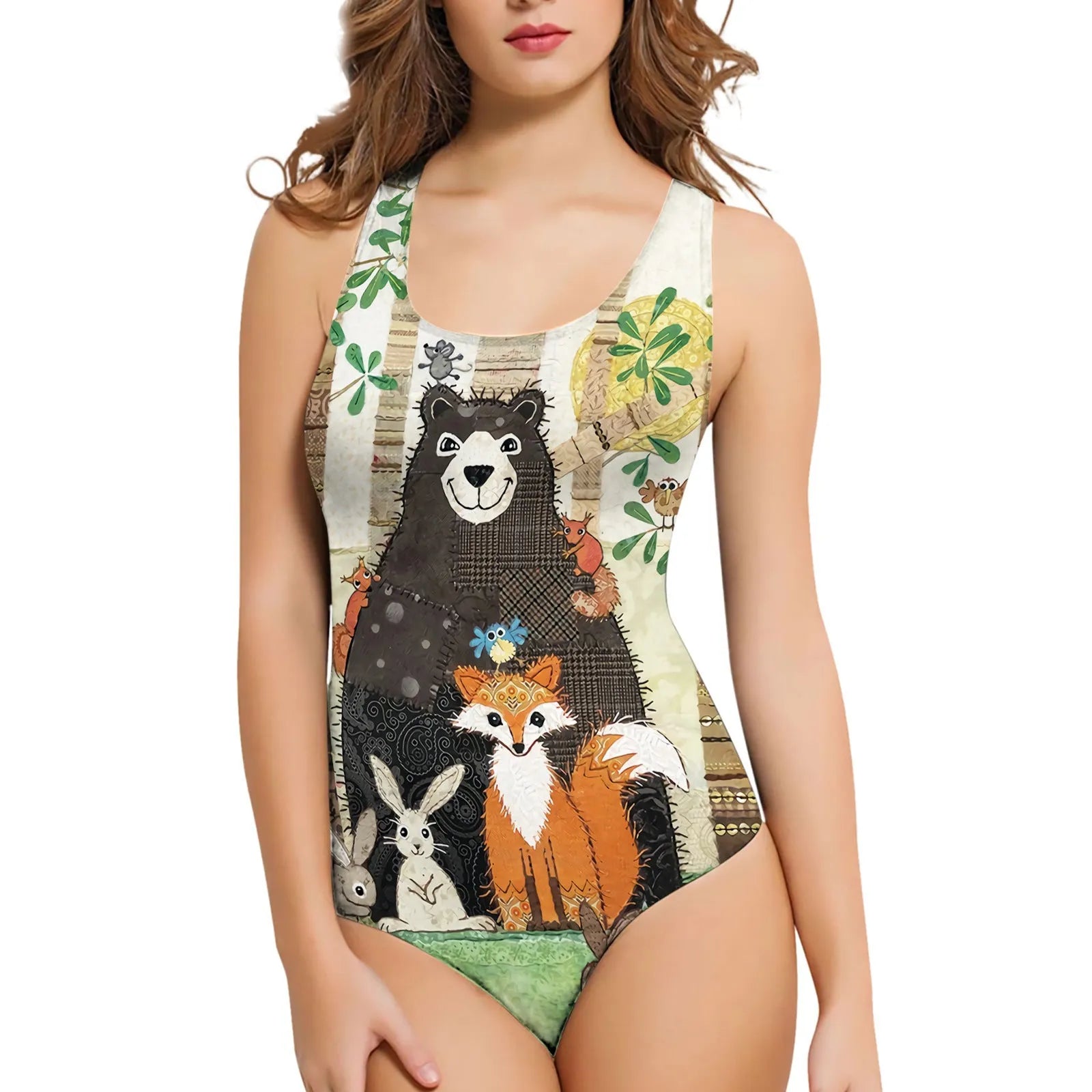 Women's one-piece swimsuit with 3D printed floral and insect pattern on polyester fabric.