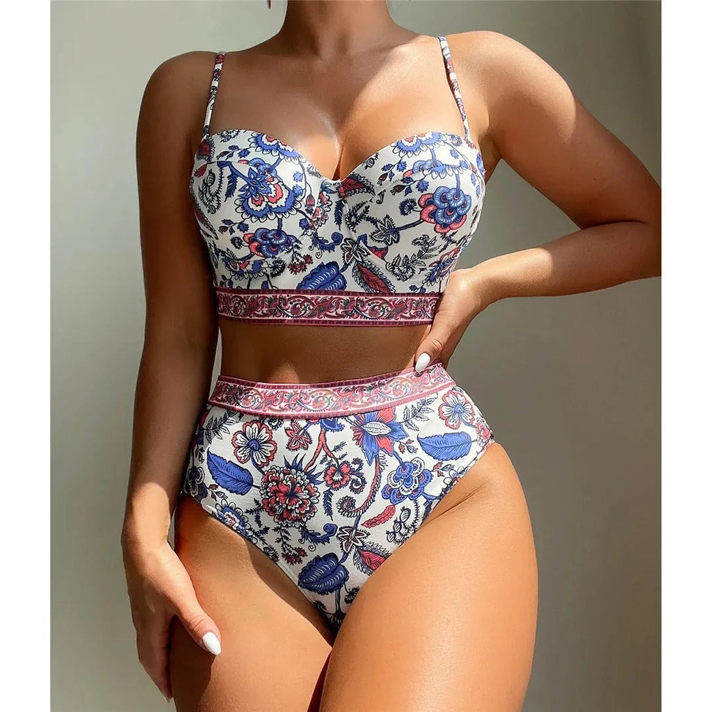 Blue women's high waist push-up bikini swimsuit with adjustable straps