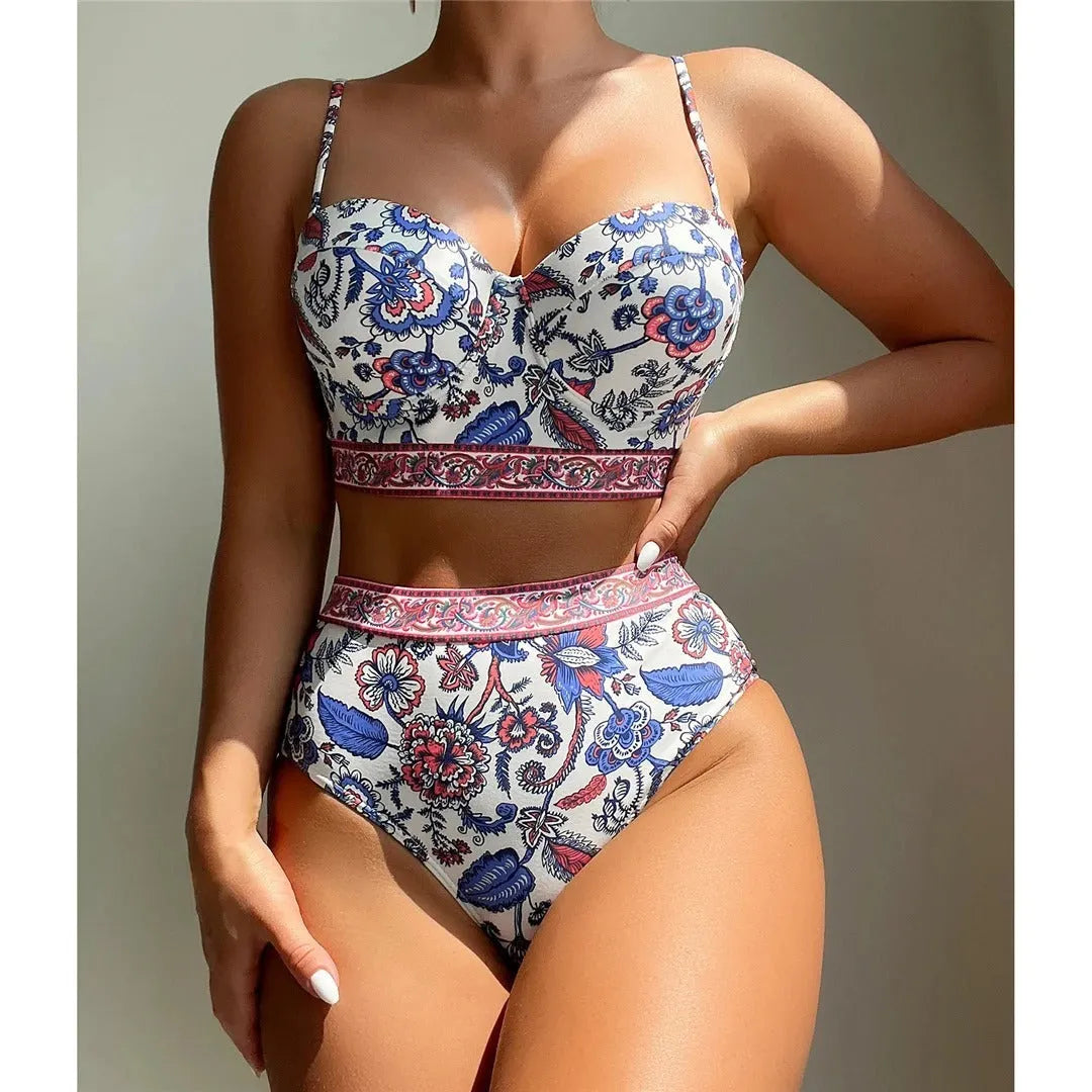 Blue women's high waist push-up bikini swimsuit with adjustable straps