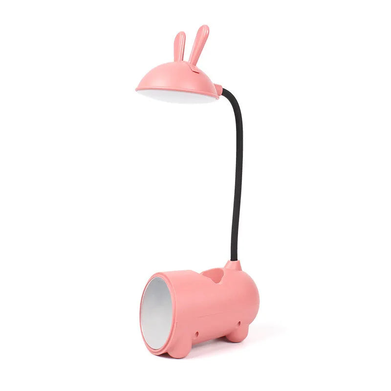 Cartoon-style USB desk lamp with integrated pen holder in green, blue, or pink colour