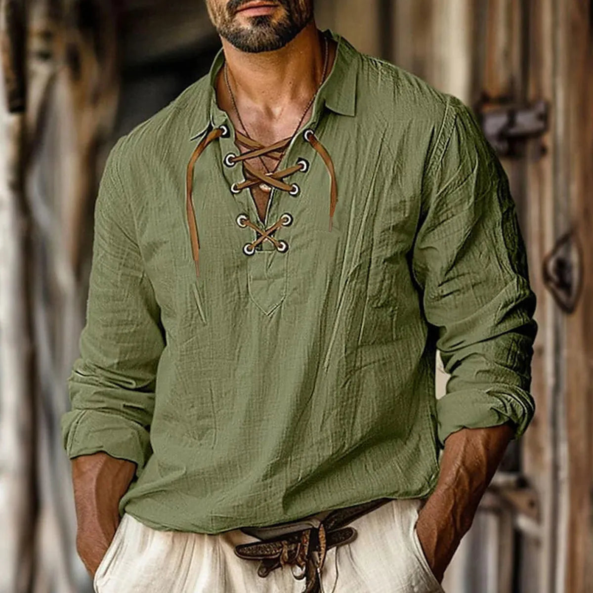 Men's loose fit plus size linen shirt with lapels and lace detailing in a solid colour.