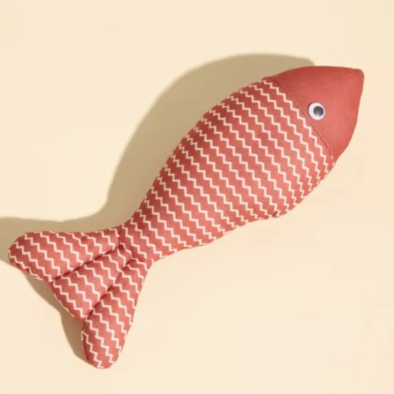 Catnip-filled fabric fish toy in blue, red or yellow available in large, medium and small sizes