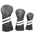 Golf club head cover with two oblique stripes in pu material, shown in available colours with size comparison