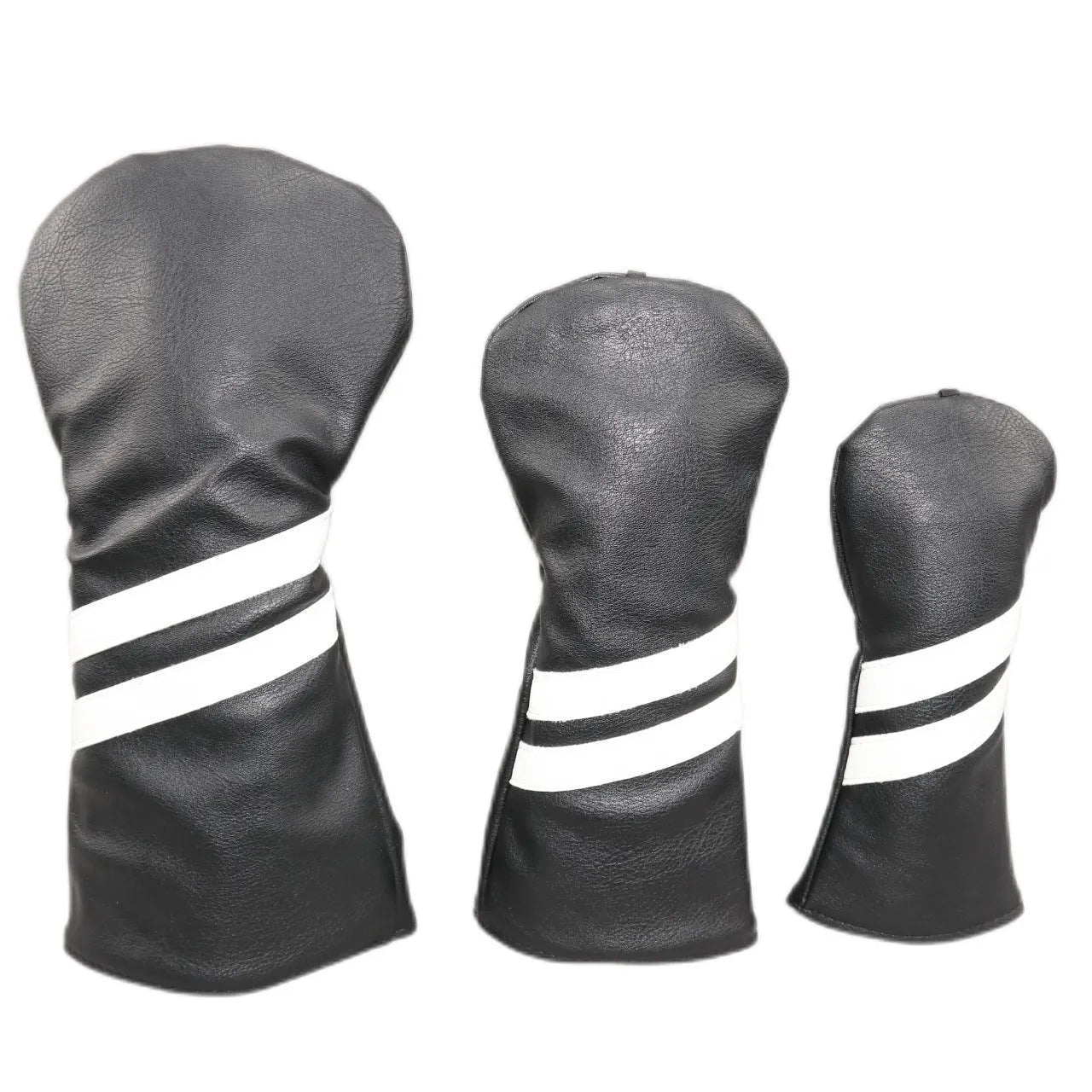 Golf club head cover with two oblique stripes in pu material, shown in available colours with size comparison