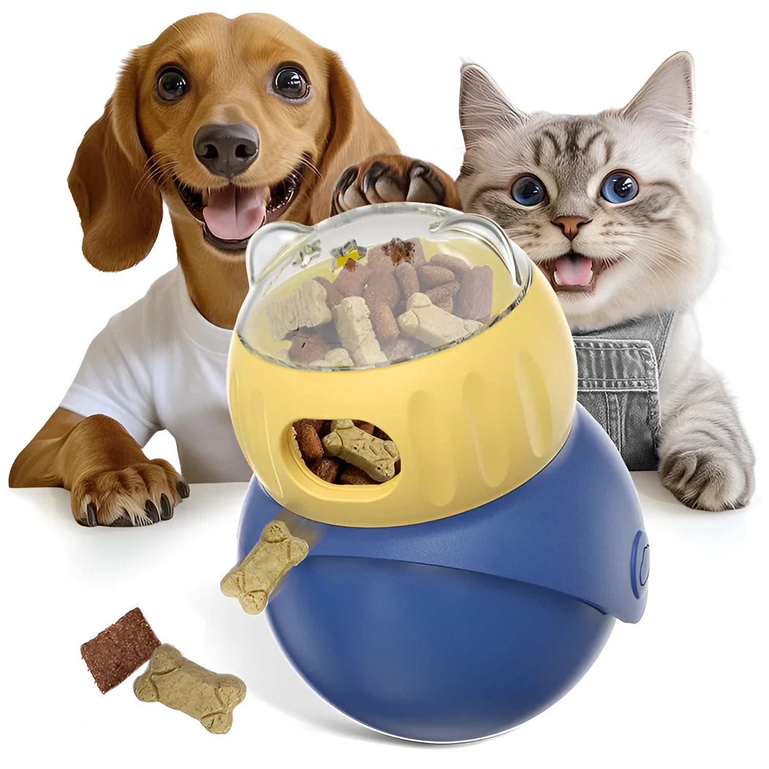 Yellow and blue owl-shaped cat food puzzle tumbler feeder with adjustable leakage mechanism
