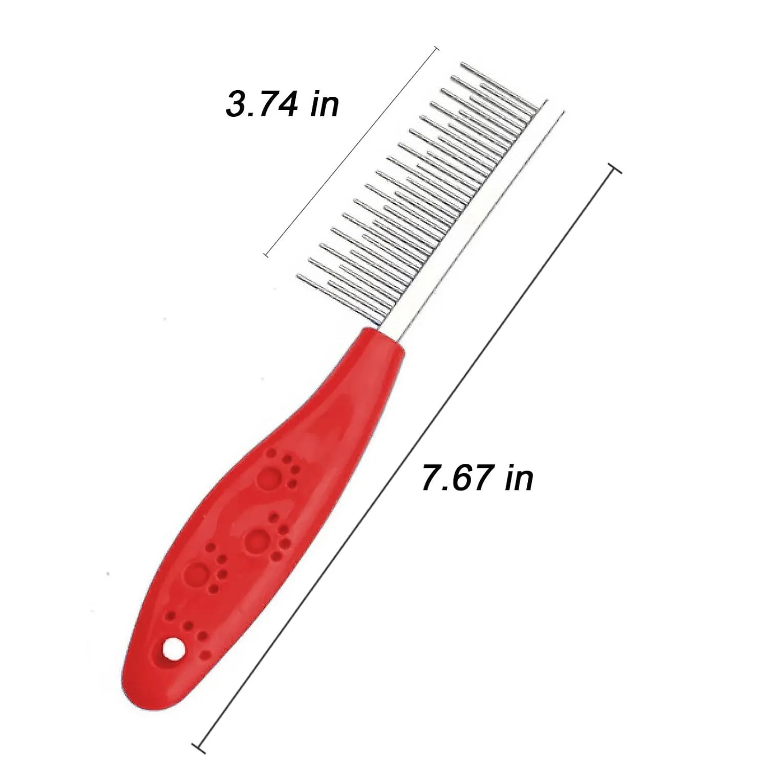 Red pet grooming comb with stainless steel short and long teeth on a plastic anti-slip handle.