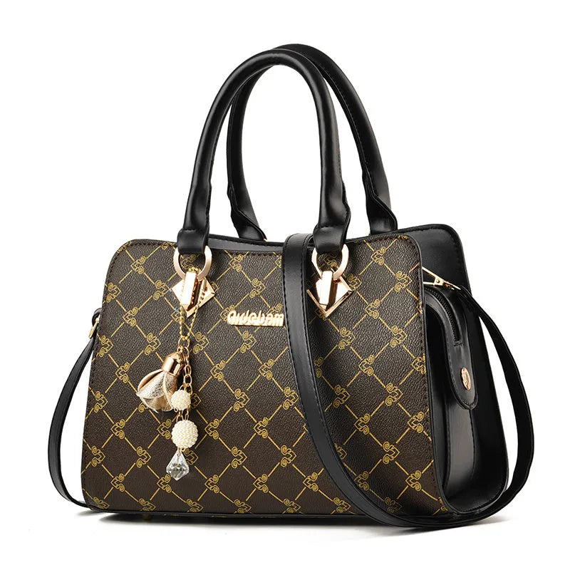 Women's geometric printed PU messenger bag with internal card slots and crossbody strap