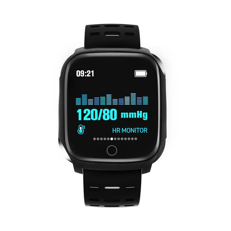 F16 smart watch with ECG display on wrist, showing black green silicone band.