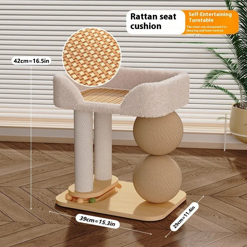 Pine wood cat nest with two columns holding chamfered balls and a central resting platform.