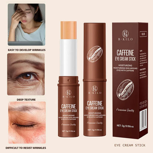 Caffeine Eye Cream Stick in a white tube, 3g net weight, for reducing dark circles and fine lines.