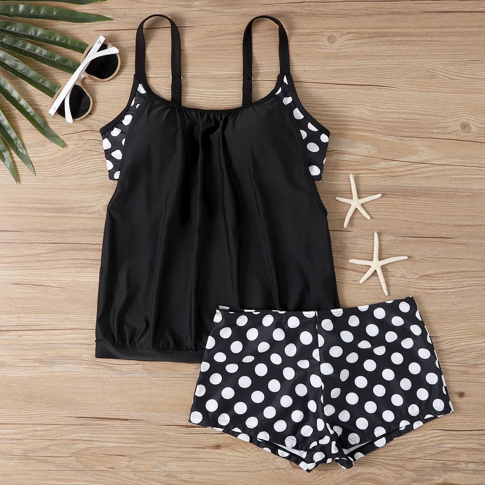 Women's high-waisted polka dot boxer swimsuit in polyester fabric for sports and swimming