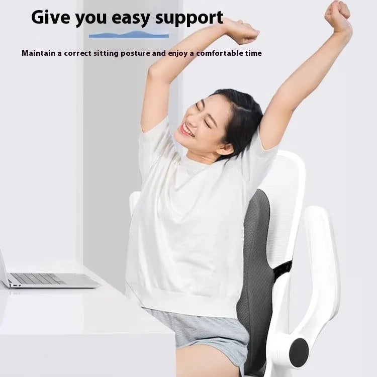 Grey lumbar support cushion for office chair, shown with pink and navy blue colour options.