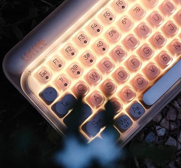 Liquid Foundation wireless 84-key mechanical keyboard, mouse, pick-up light, and Bluetooth calculator set on a desk.
