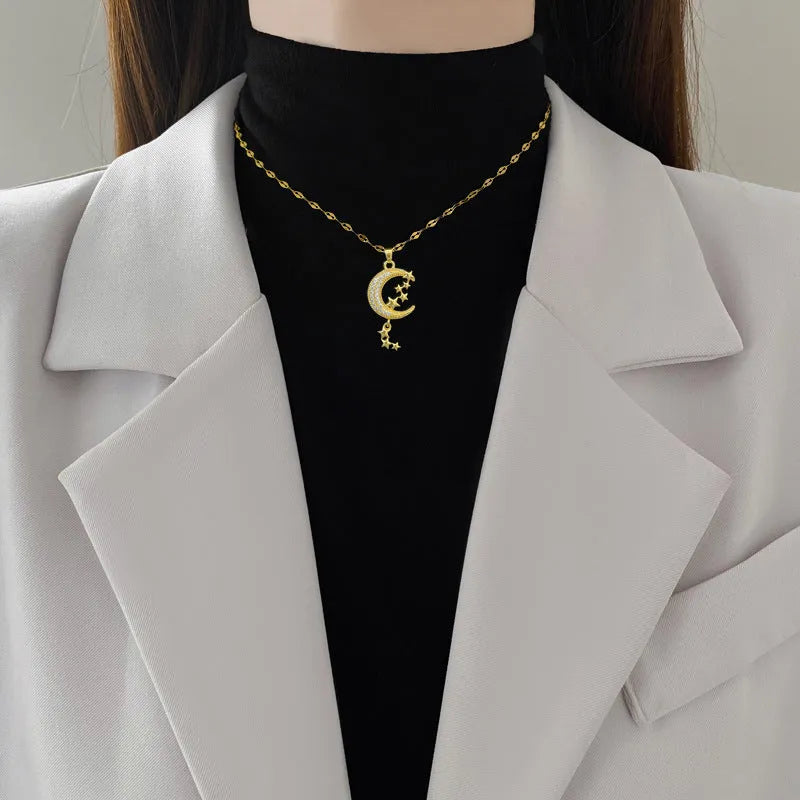 Moon tassel necklace with stainless steel chain and copper geometric pendant