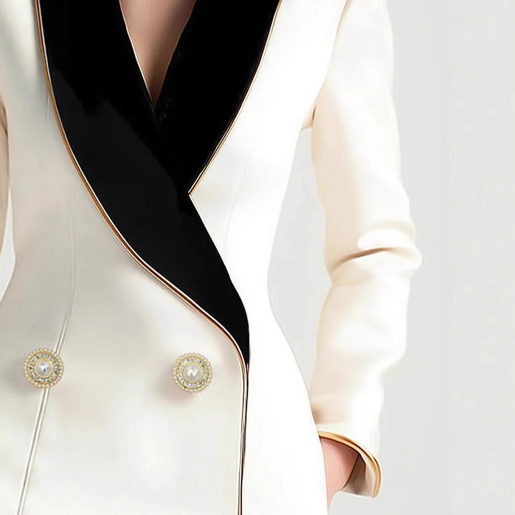 Women's milky white beige TR polyester coat with golden edge pearl buttons and irregular cut