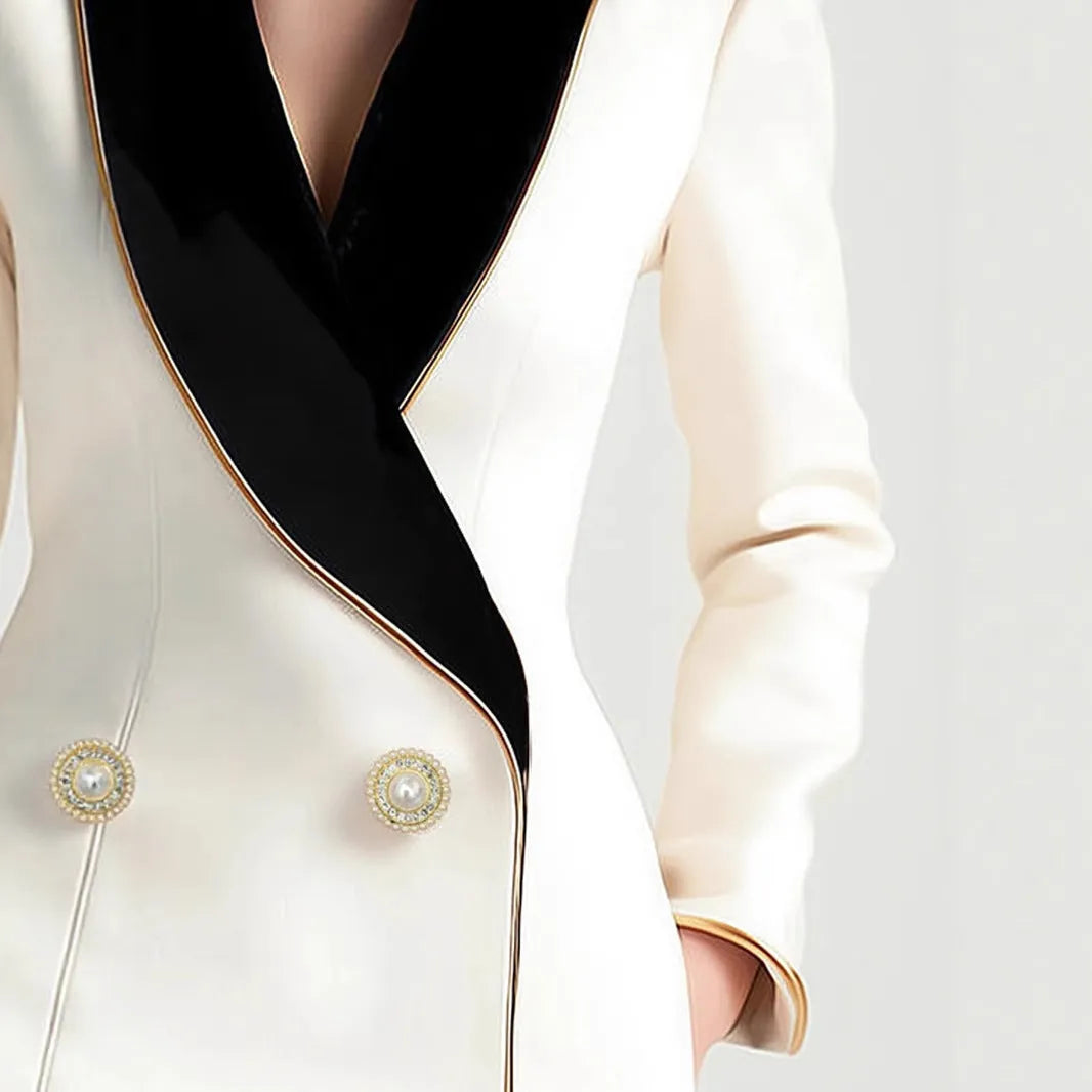 Women's milky white beige TR polyester coat with golden edge pearl buttons and irregular cut