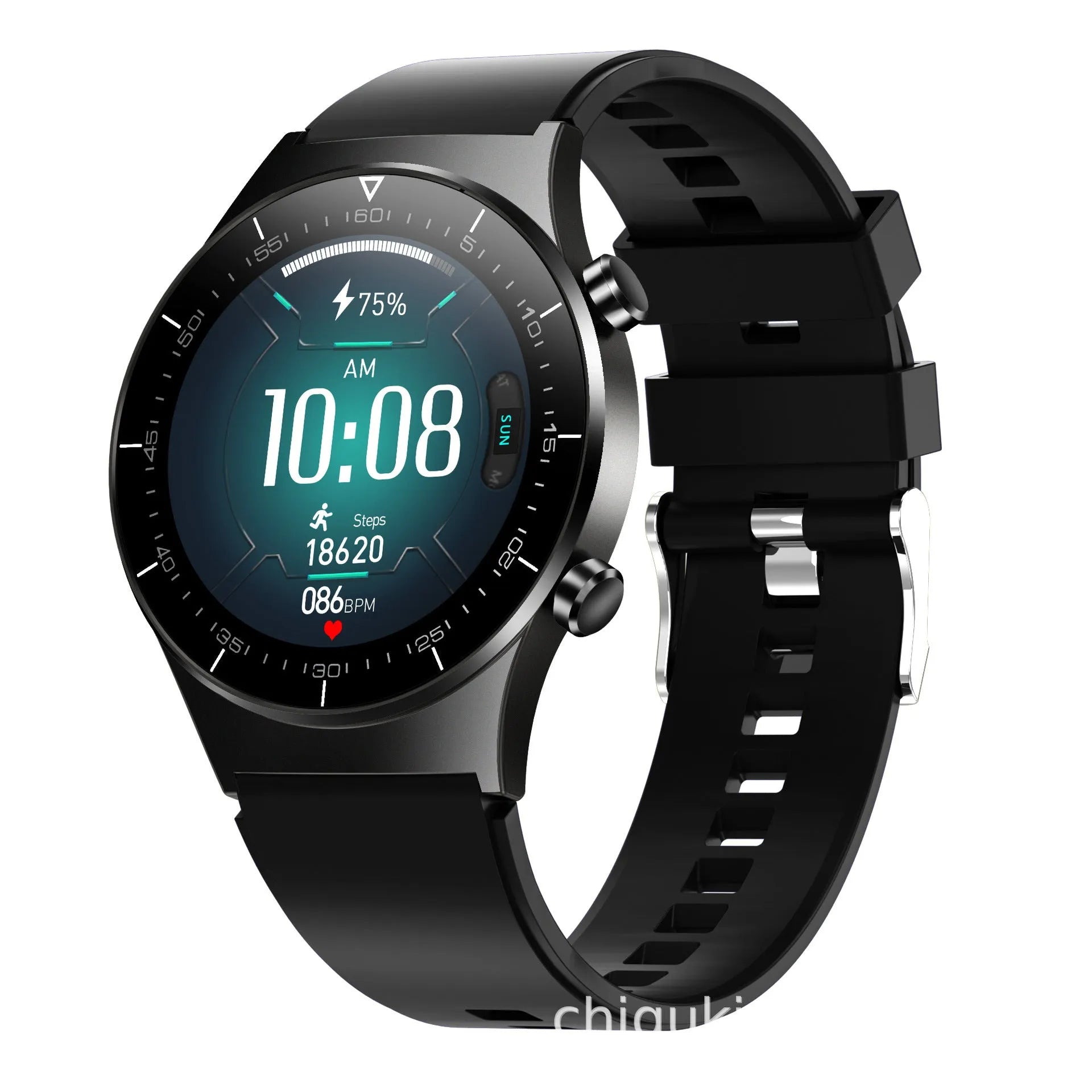Black smart watch with 1.3-inch screen showing heart rate and blood pressure monitoring display