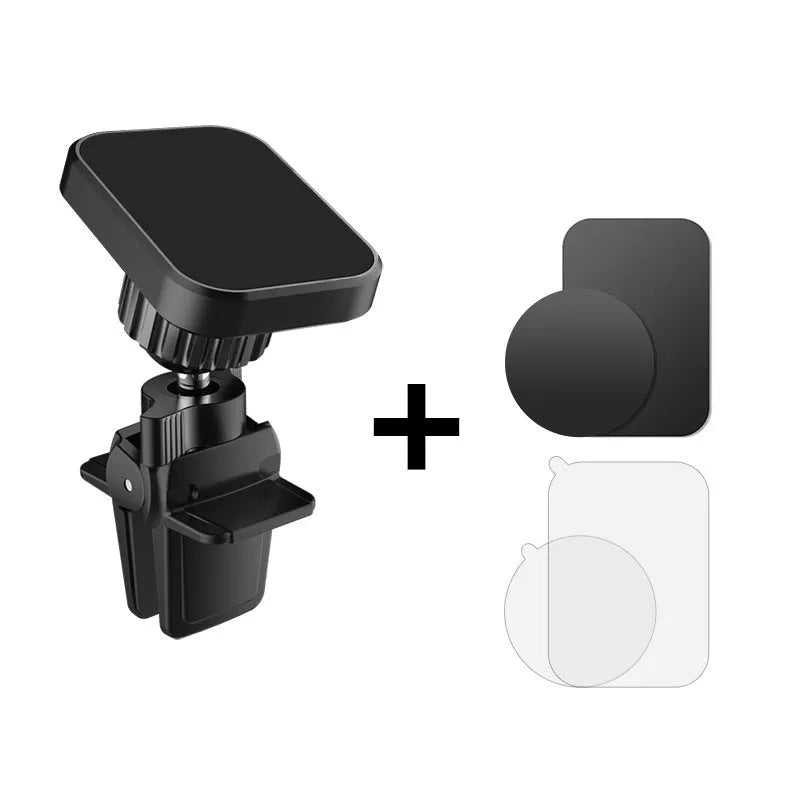Black magnetic car phone holder attached to a car air vent, showing round and square head style options.
