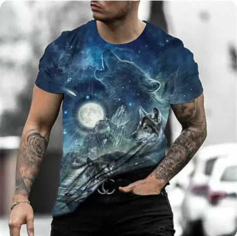 Man wearing a short-sleeved grey T-shirt with a detailed retro-style 3D animal graphic print on the front.