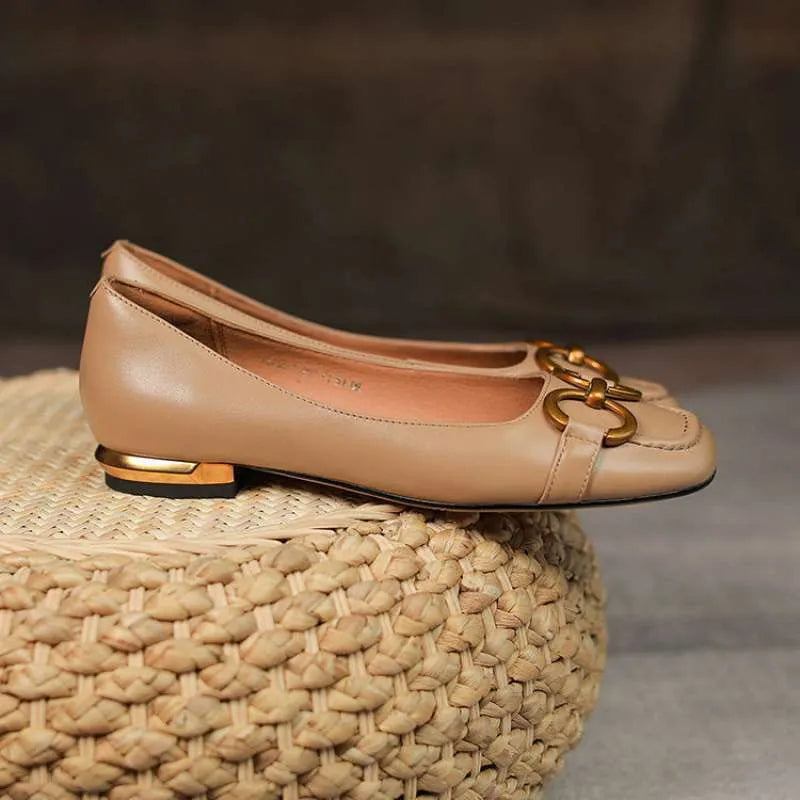 Women's Wanwan Lei style low heel pumps in apricot with square toe and shallow mouth design.