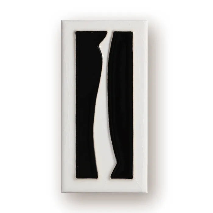 Handmade retro-style ceramic doorplate with a white enamel background and a raised black number 5, shown at 76mm by 152mm.