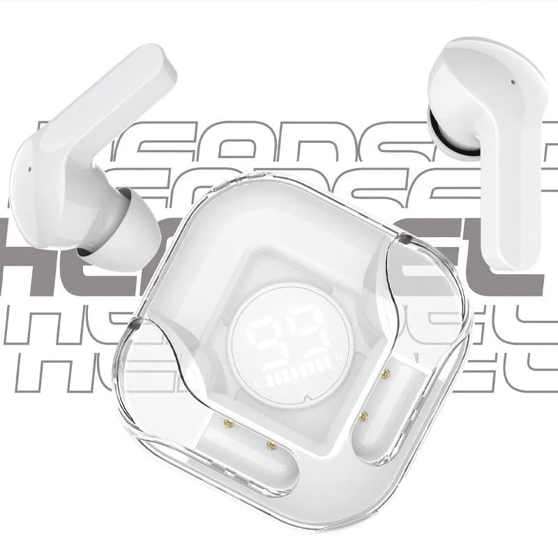 Wireless TWS Bluetooth headphones in five colours: white, black, pink, blue, and green, showcasing in-ear design.