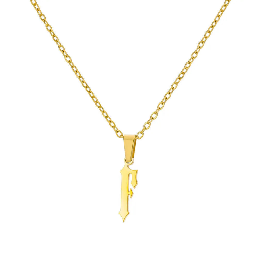 Gold stainless steel ancient English letter pendant necklace with O-ring chain on white background