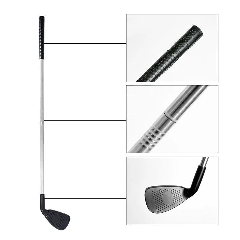 Metal golf club set showing adult and child colour variants for outdoor sports practice