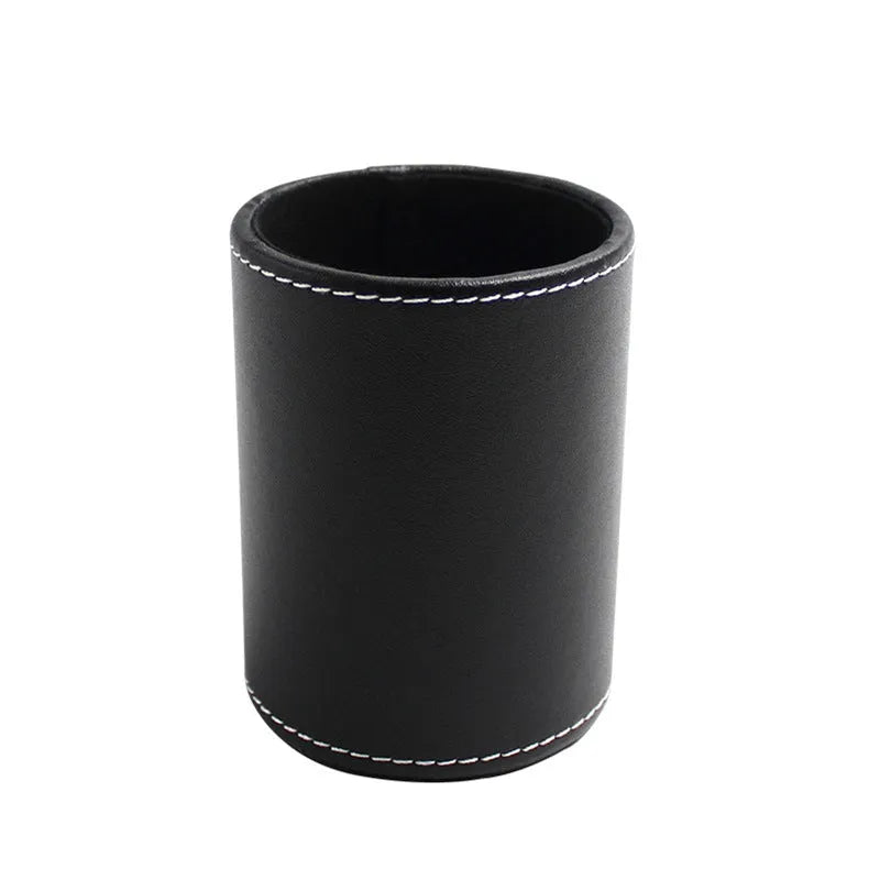 Black leather round pen holder container with 8cm diameter and 10.8cm height