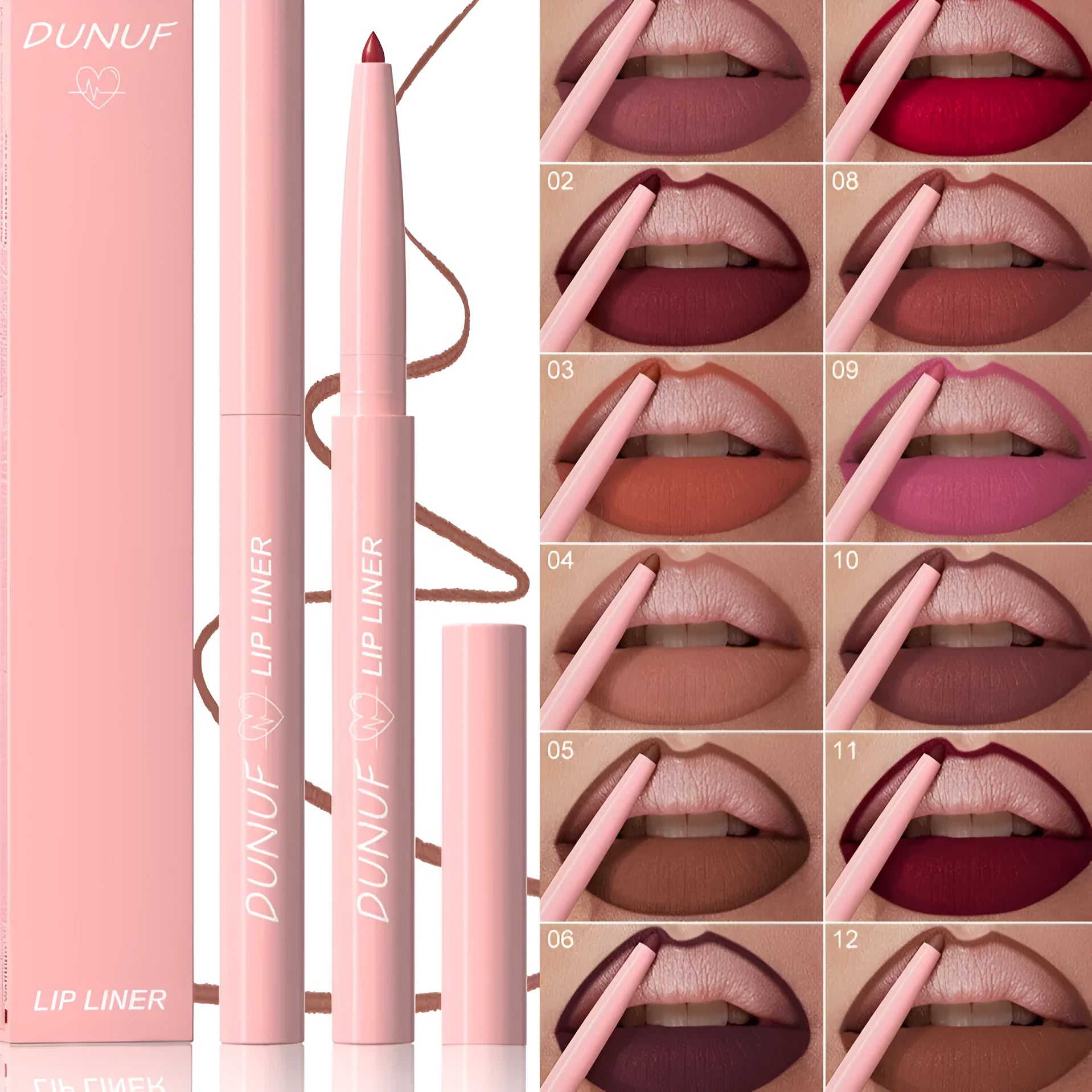 Velvet matte lip liner pencil in a choice of 12 colours for easy application.