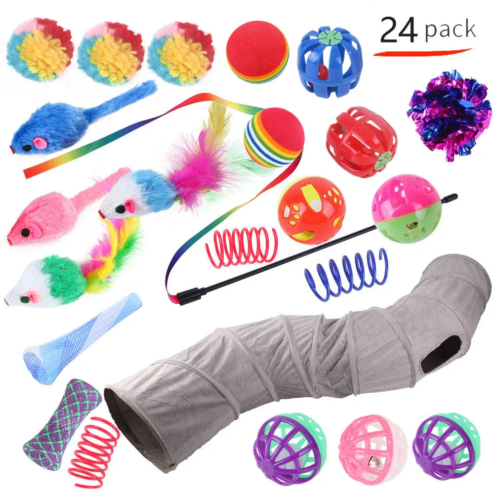 Plastic cat toy channel maze set with coloured accessories for feline play